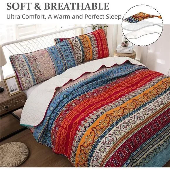 Bohemian Quilt Set King Size, Boho Striped Printed Bedding